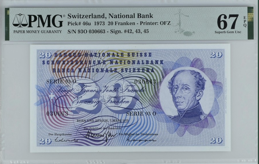 收藏联盟Quantum Auction 第239期拍卖 瑞士1973年20法郎 PMG67 