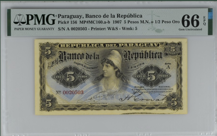 收藏联盟Quantum Auction 第239期拍卖 巴拉圭1907年5比索 PMG66 高分稀少 华德路百年老票