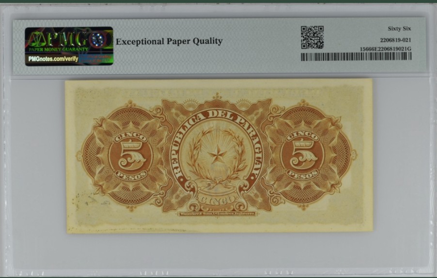 收藏联盟Quantum Auction 第239期拍卖 巴拉圭1907年5比索 PMG66 高分稀少 华德路百年老票
