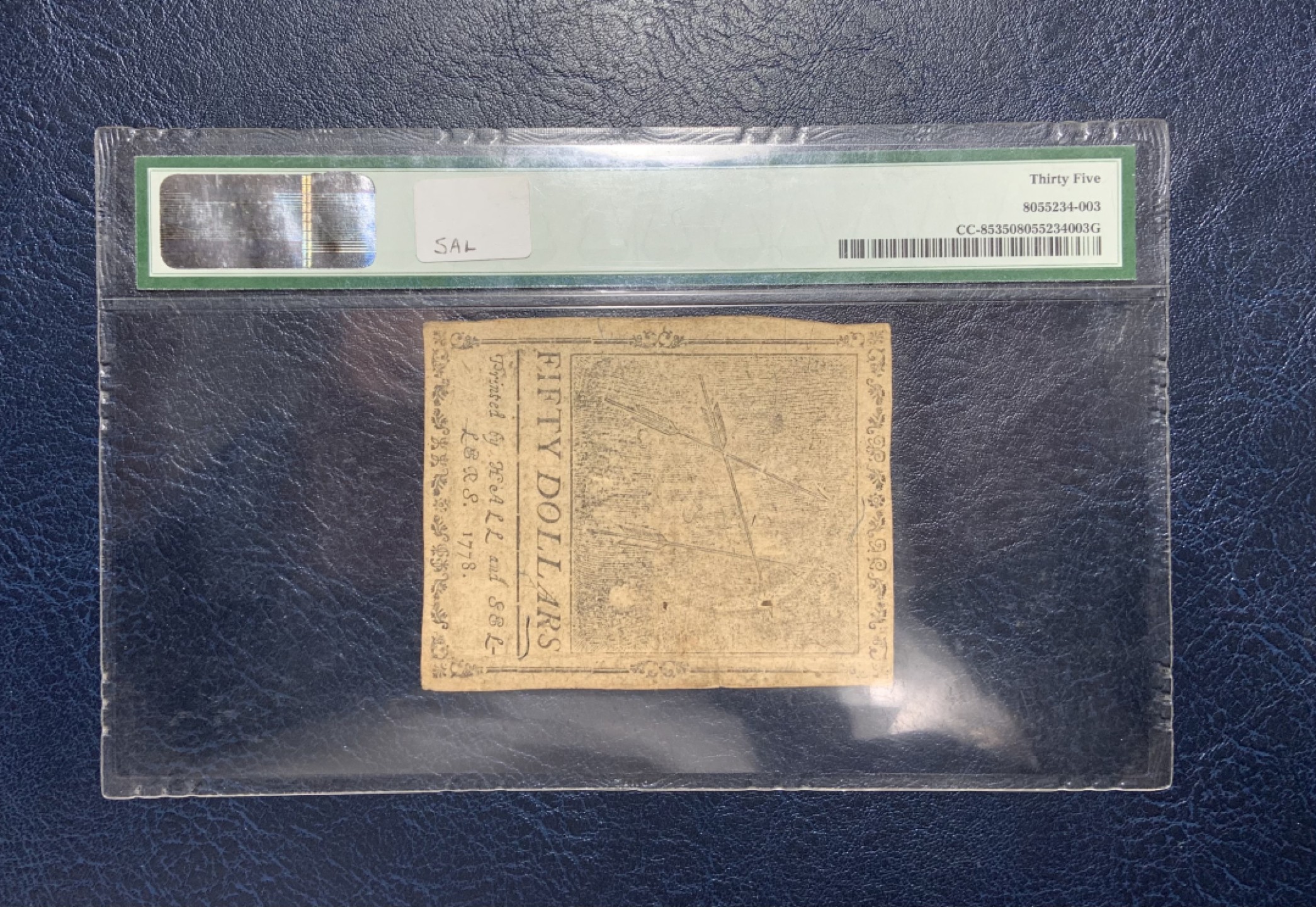 收藏联盟Quantum Auction 第238期拍卖 美国大陆殖民地货币1778年50元 PMG35 壳子略旧，状态如图