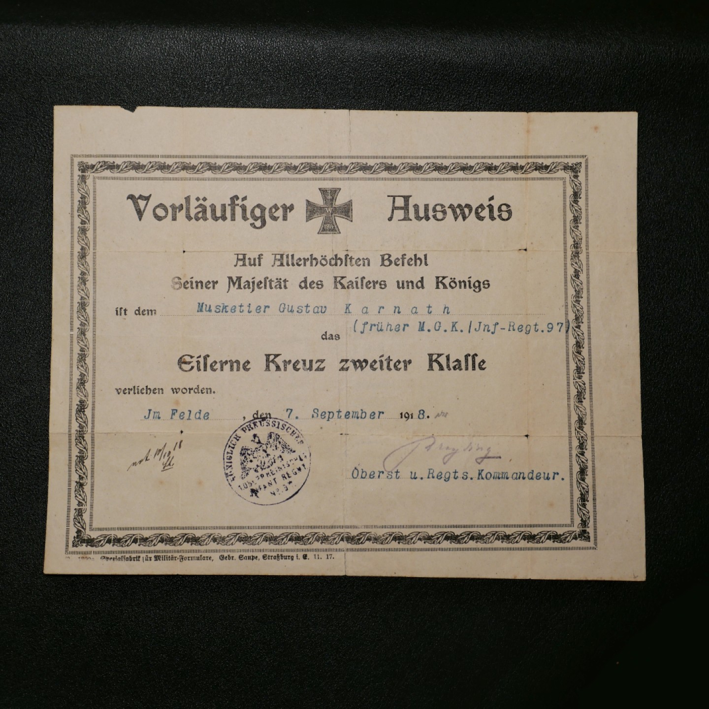 交易所3月11苏德勋奖章拍卖 德国一战二级铁十字奖章证书，所属部为第108步兵师第5步兵旅第97（上莱茵第1）步兵团