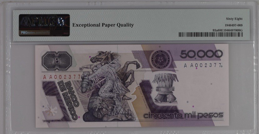 收藏联盟Quantum Auction 第238期拍卖 墨西哥1986-88年50000比索 PMG68 冠军分 A序列首发AA冠千位号 阿兹台克末代国王 库奥特莫克