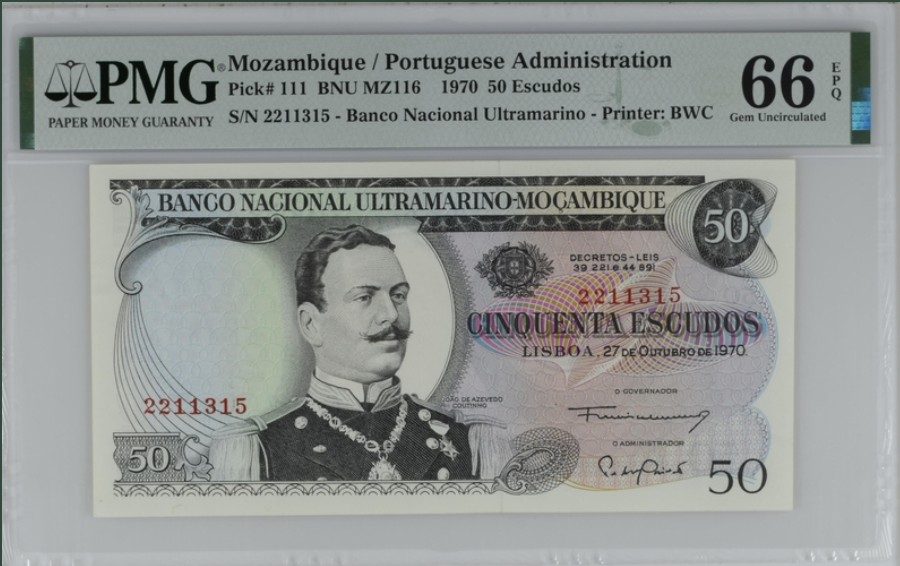 收藏联盟Quantum Auction 第239期拍卖 莫桑比克1970年50埃斯库多 PMG66 葡属时期无加盖 稀少
