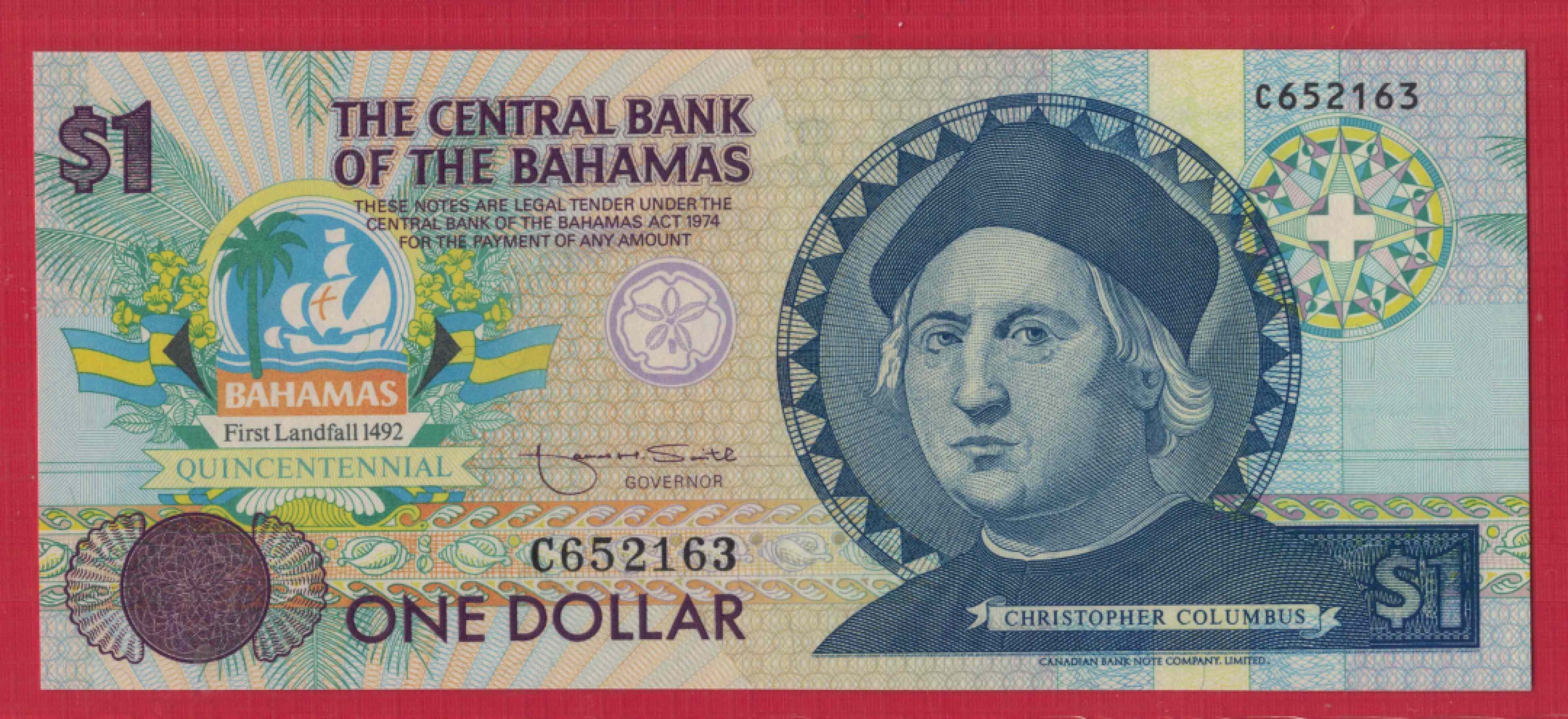 巴哈马1992年1元 P-50a 哥伦布发现美洲500年纪念钞 无47 实物图 UNC
