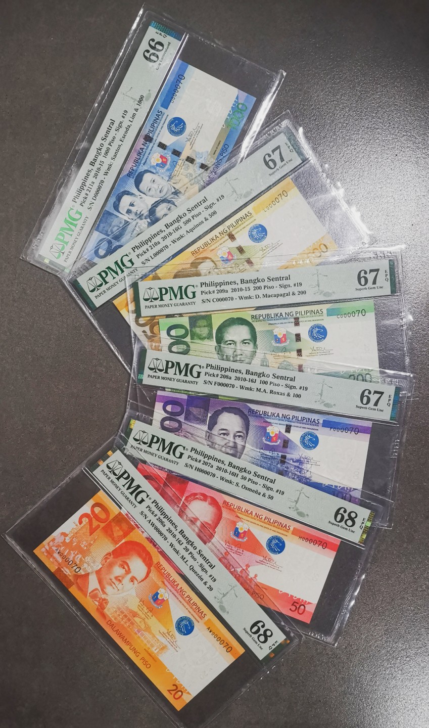 《张总收藏》93期——外币精品会 (6张一组大全套全同70号)菲律宾比索PMG66-68分 分数普遍不错众多亚军季军分 非常漂亮 外币颜值担当的一套