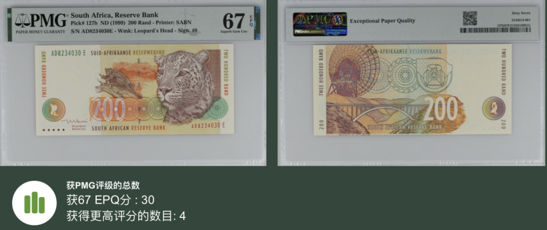 《张总收藏》93期——外币精品会 南非200兰特 PMG67E 1999年豹子 亚军分