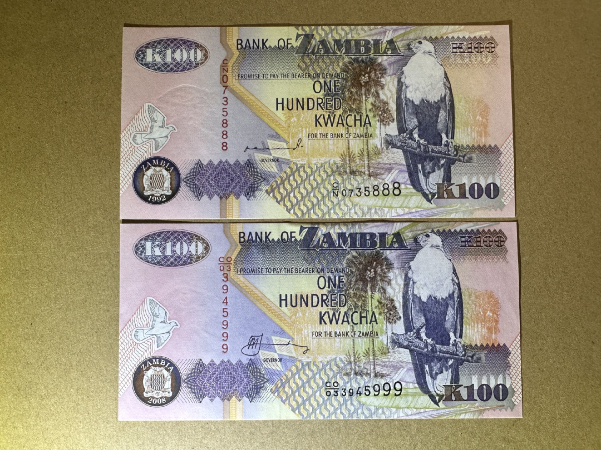 《张总收藏》93期——外币精品会 赞比亚100元2张 UNC 2张都是豹子号888、999