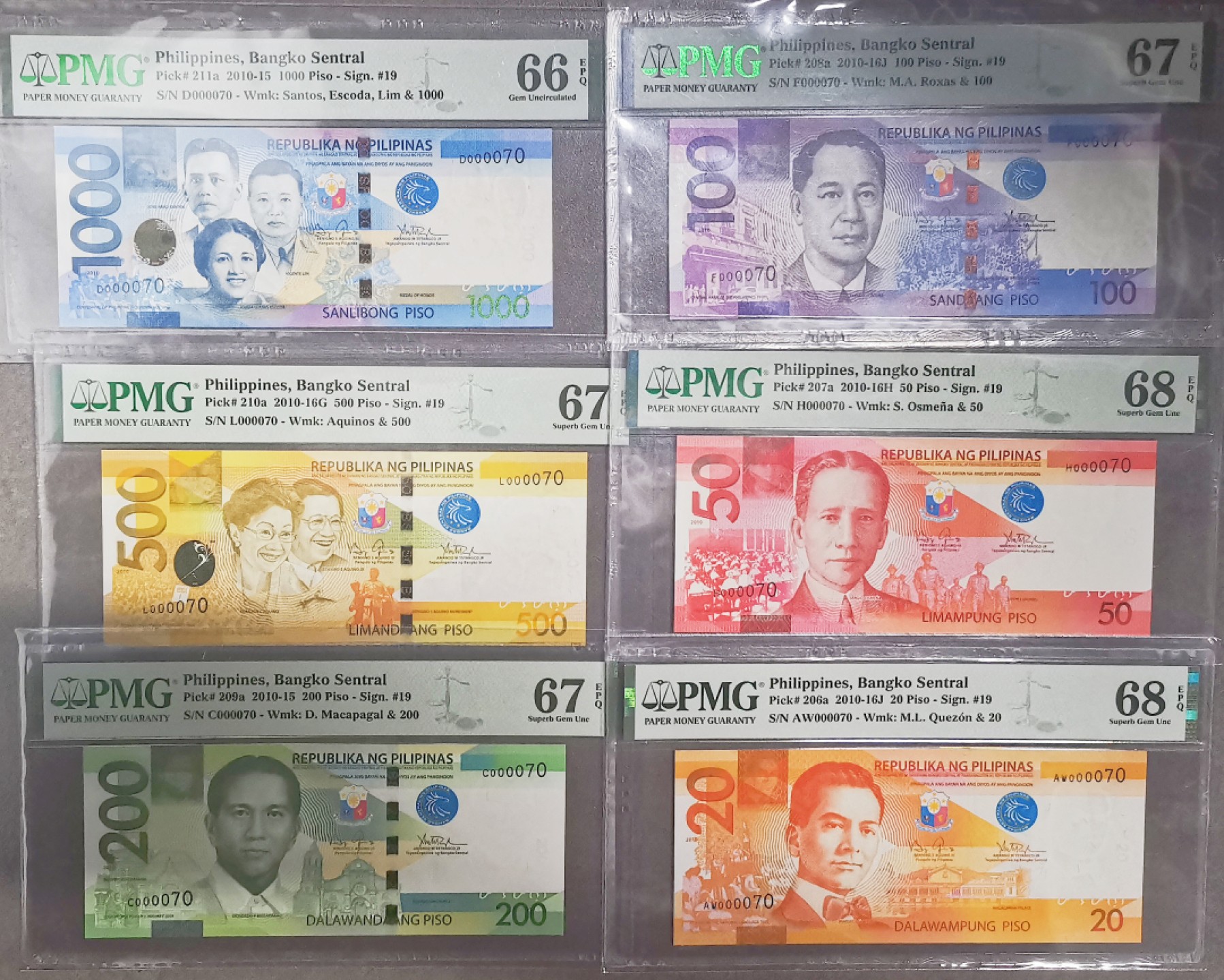 《张总收藏》93期——外币精品会 (6张一组大全套全同70号)菲律宾比索PMG66-68分 分数普遍不错众多亚军季军分 非常漂亮 外币颜值担当的一套