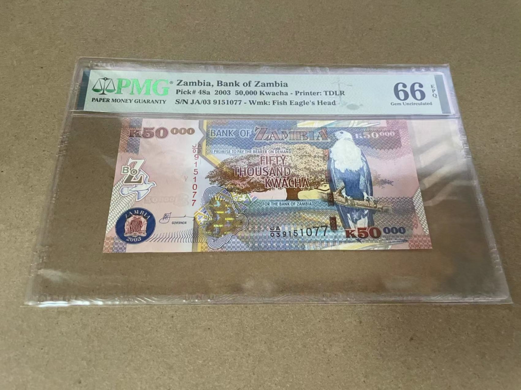 【Blue Auction】✨世界纸币精拍第301期——新纪元 【JA初版首发】赞比亚 2003年50000克瓦查 PMG66EPQ 