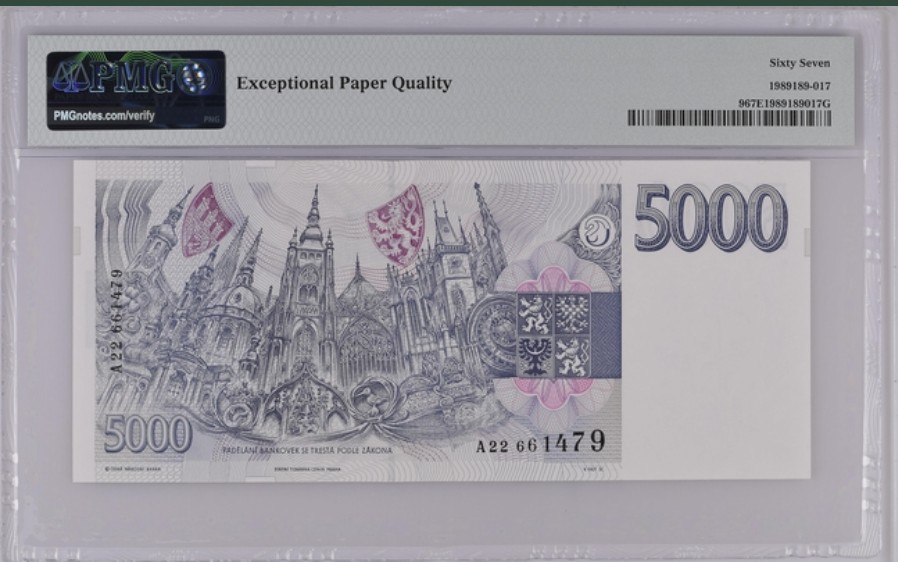 收藏联盟Quantum Auction 第239期拍卖 捷克共和国1993年5000克朗 PMG67 捷克斯洛伐克首任总统托马斯·马萨里克