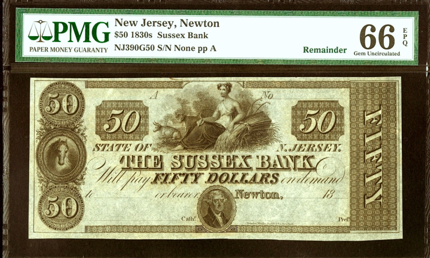 【Blue Auction】✨世界纸币精拍第301期——新纪元 【仅1张更高分 非常少见】美国 新泽西州 1830年代50美金高值 杰弗逊 美女 田园风 PMG66EPQ 老壳子