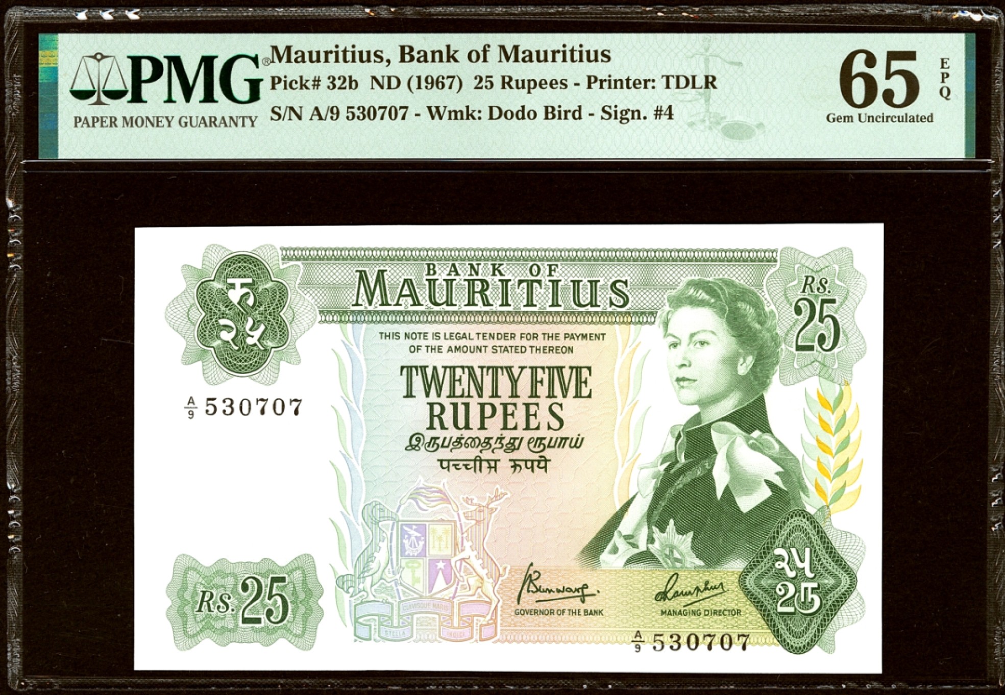 【Blue Auction】✨世界纸币精拍第301期——新纪元 毛里求斯 1967年25卢比 PMG65EPQ 戎装女王 背面牛车及风光怡人