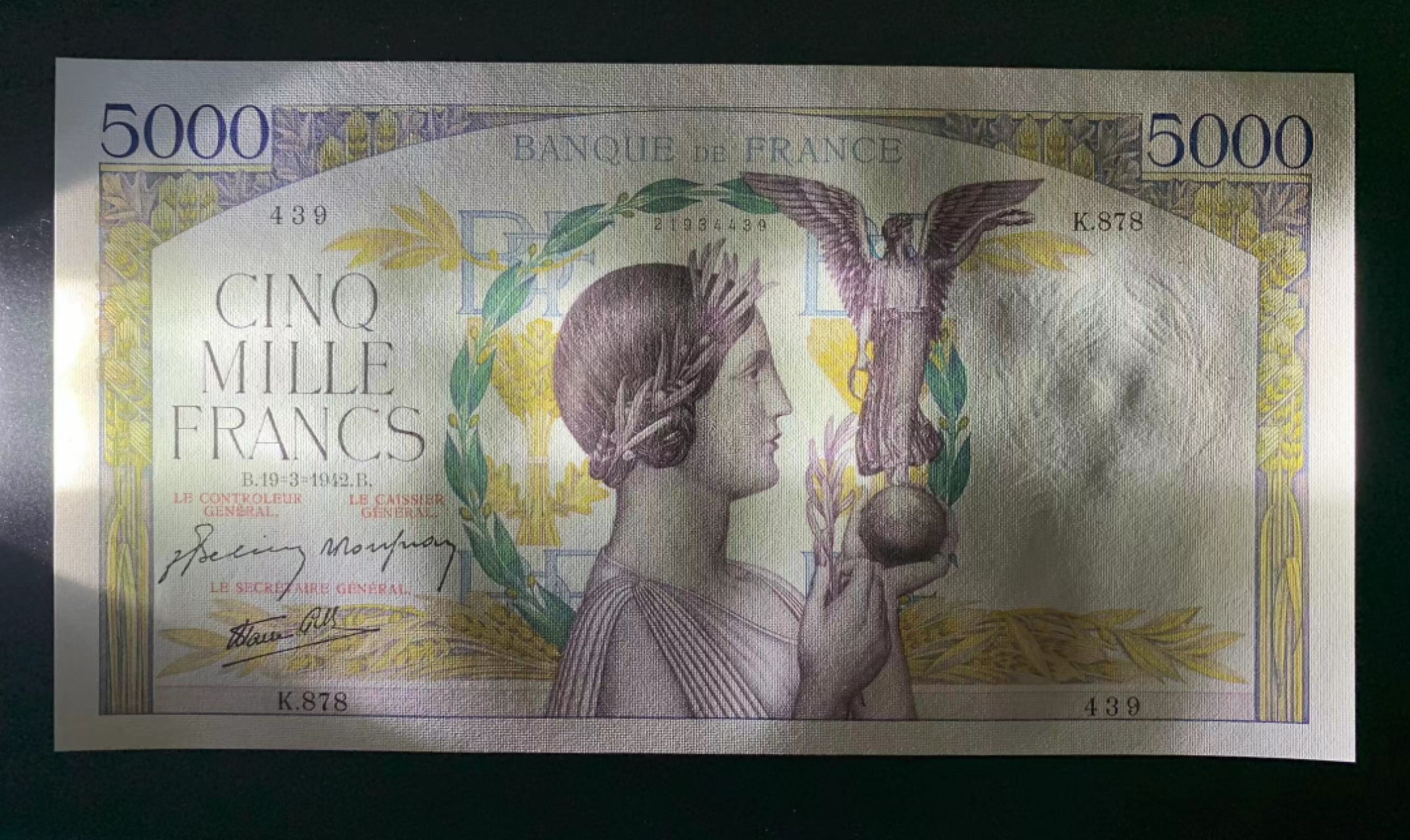 【Blue Auction】✨世界纸币精拍第301期——新纪元 法国 1942年5000法郎 胜利女神 UNC-有针孔 超大票幅