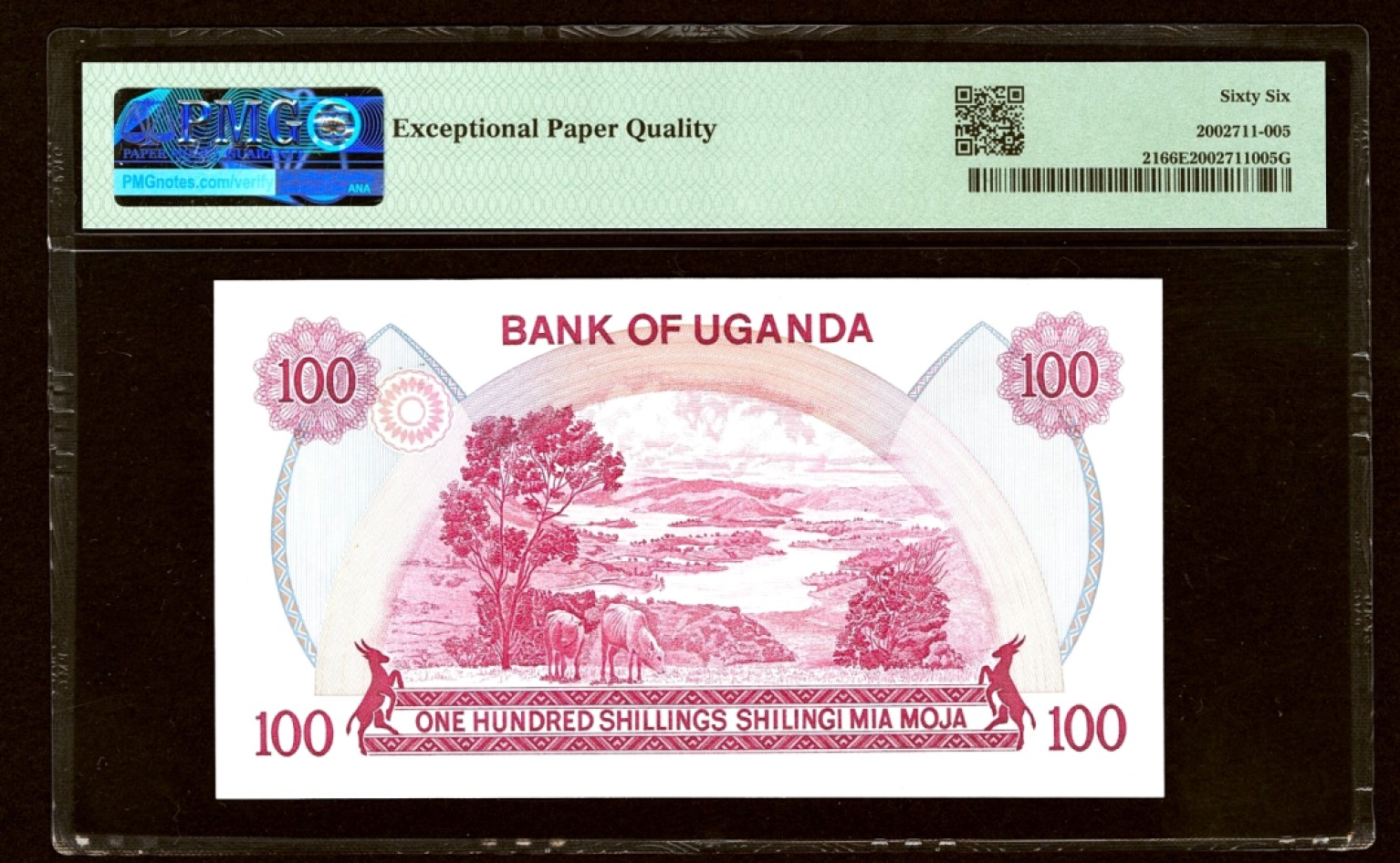 【Blue Auction】✨世界纸币精拍第301期——新纪元 【无47】乌干达 1985年100先令 PMG66EPQ 风土人情