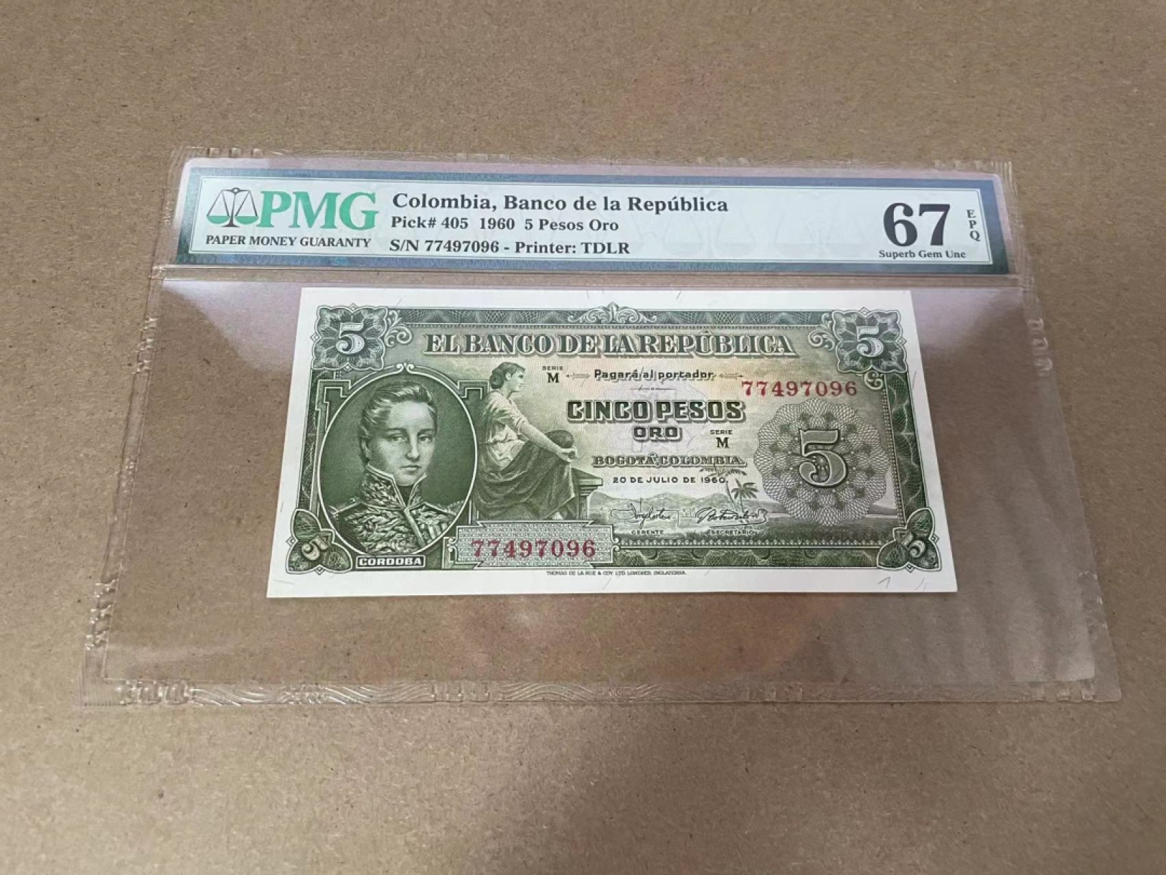 【Blue Auction】✨世界纸币精拍第301期——新纪元 哥伦比亚 1960年5比索 PMG67EPQ 