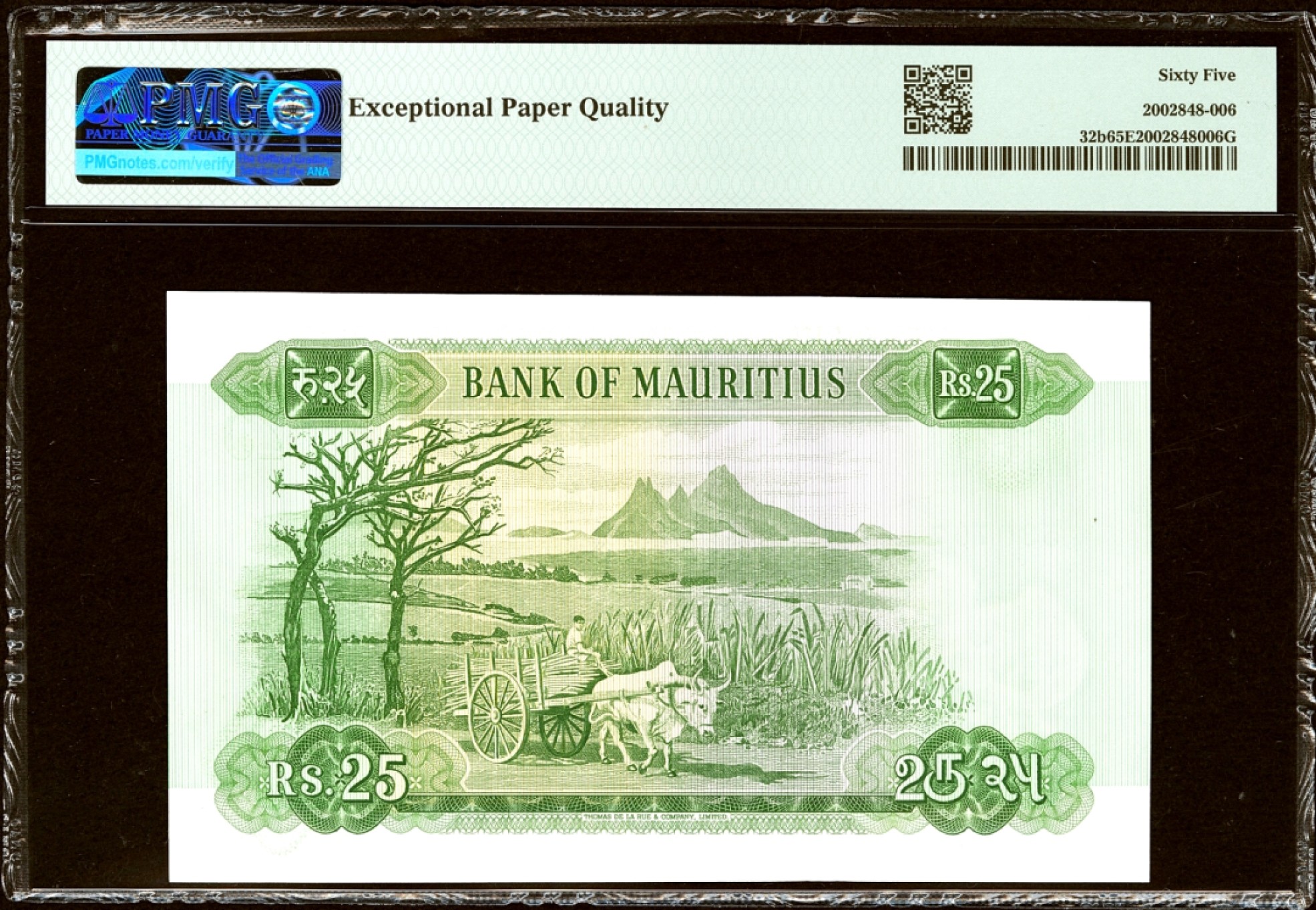 【Blue Auction】✨世界纸币精拍第301期——新纪元 毛里求斯 1967年25卢比 PMG65EPQ 戎装女王 背面牛车及风光怡人