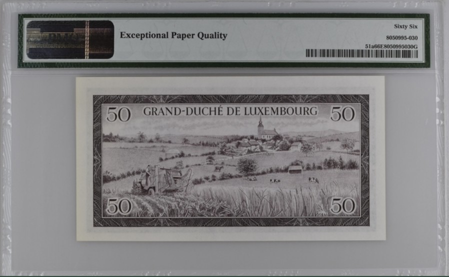 收藏联盟Quantum Auction 第239期拍卖 卢森堡1961年50法郎 PMG66 田园风光