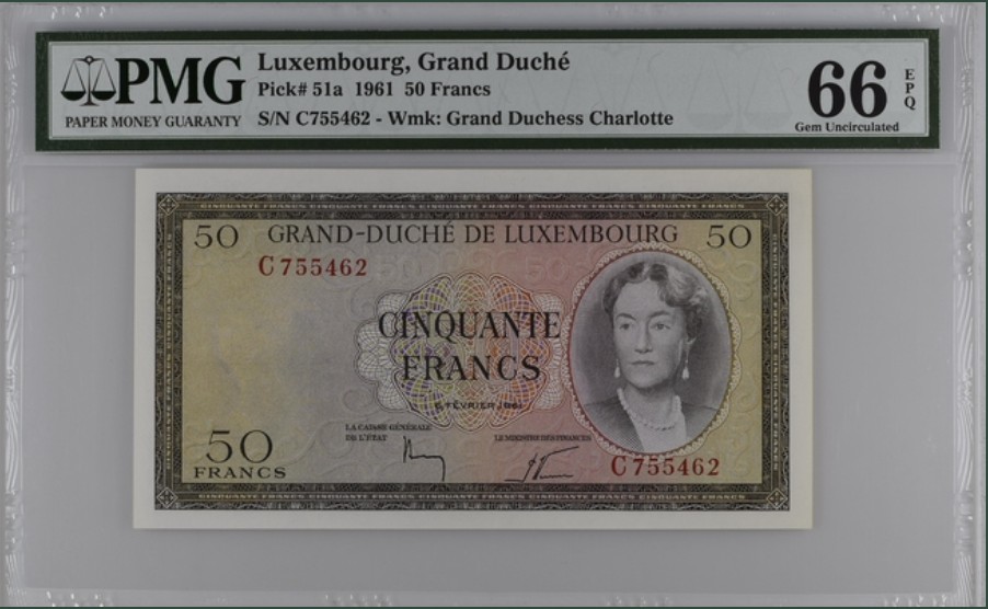 收藏联盟Quantum Auction 第239期拍卖 卢森堡1961年50法郎 PMG66 田园风光