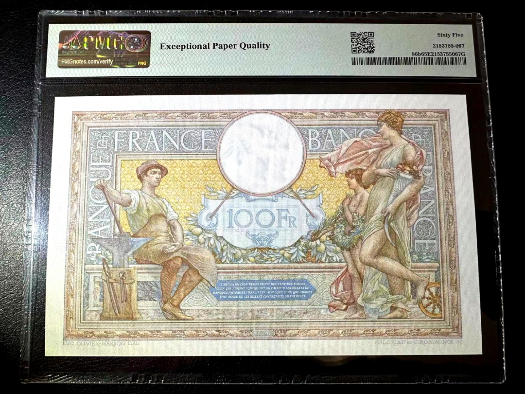 【Blue Auction】✨世界纸币精拍第301期——新纪元 【无47 仅1张更高分】法国 1939年100法郎 经典果园 PMG65EPQ 绝品少见