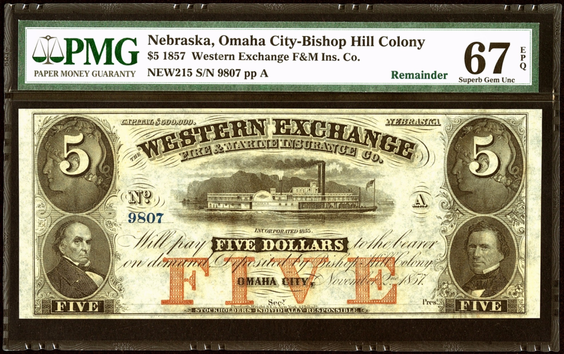 【Blue Auction】✨世界纸币精拍第301期——新纪元 【亚军分】美国 内布拉斯加州 1857年 5美金 PMG67EPQ 高分少见 大票幅设计精美 背面序列号1000001开头 老壳子