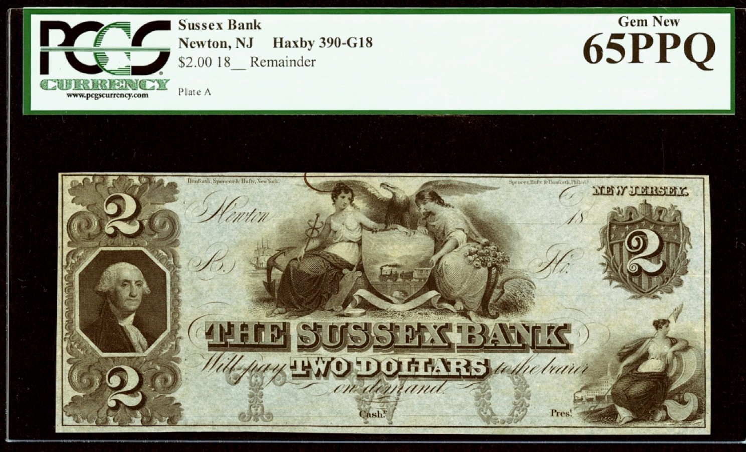 【Blue Auction】✨世界纸币精拍第301期——新纪元 【华盛顿头像 少见品种】美国 新泽西州 18XX年 2美金 三美女 PCGS65EPQ 绿标老美金无忧