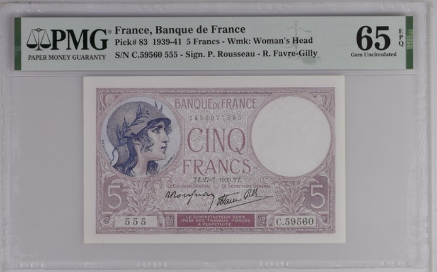 收藏联盟Quantum Auction 第239期拍卖 法国1939-41年5法郎 PMG65 豹子号