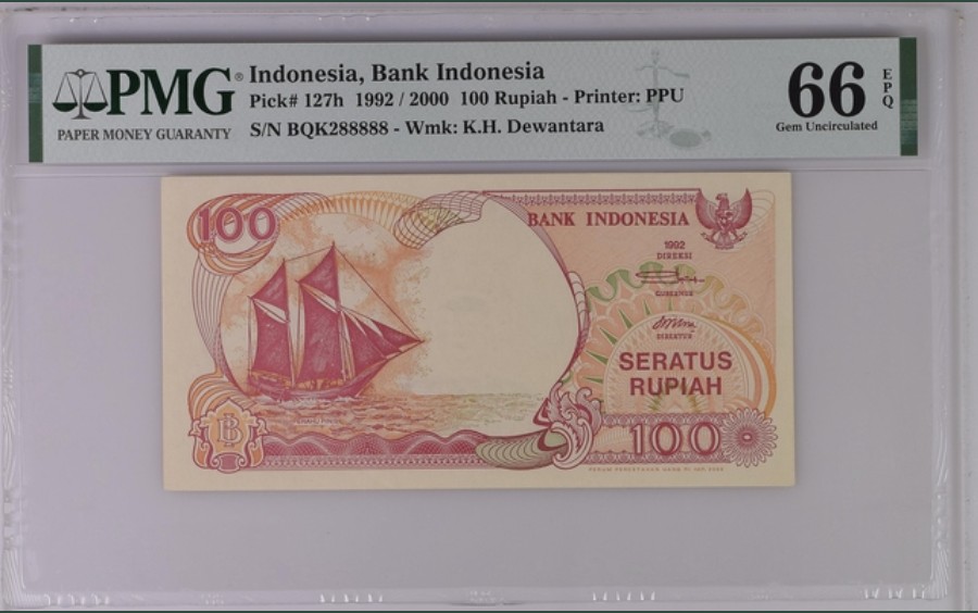 收藏联盟Quantum Auction 第239期拍卖 印度尼西亚1992/2000年100卢比 PMG66 大象号88888