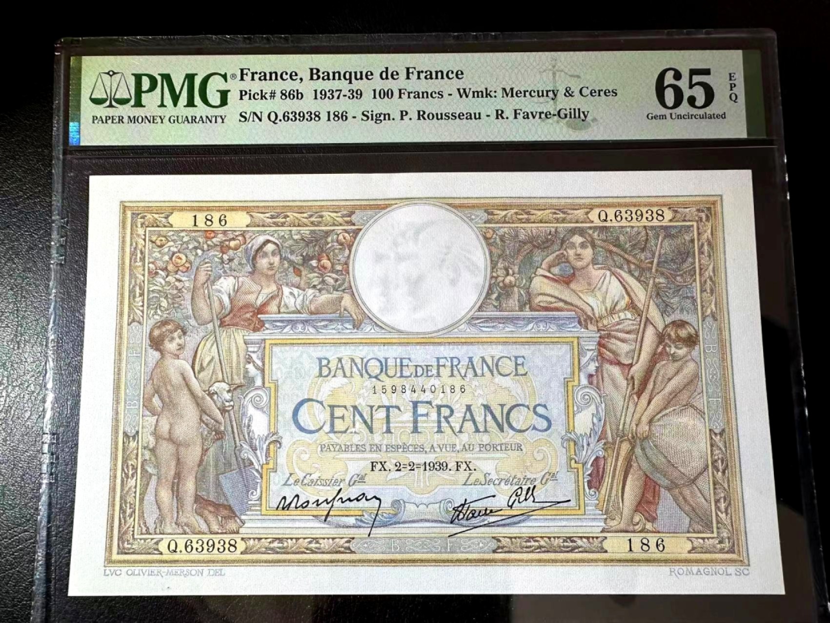 【Blue Auction】✨世界纸币精拍第301期——新纪元 【无47 仅1张更高分】法国 1939年100法郎 经典果园 PMG65EPQ 绝品少见