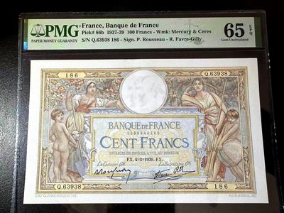 【Blue Auction】✨世界纸币精拍第301期——新纪元 - 【无47 仅1张更高分】法国 1939年100法郎 经典果园 PMG65EPQ 绝品少见