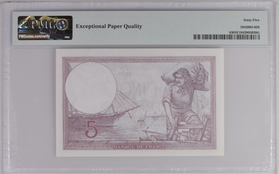 收藏联盟Quantum Auction 第239期拍卖 法国1939-41年5法郎 PMG65 豹子号