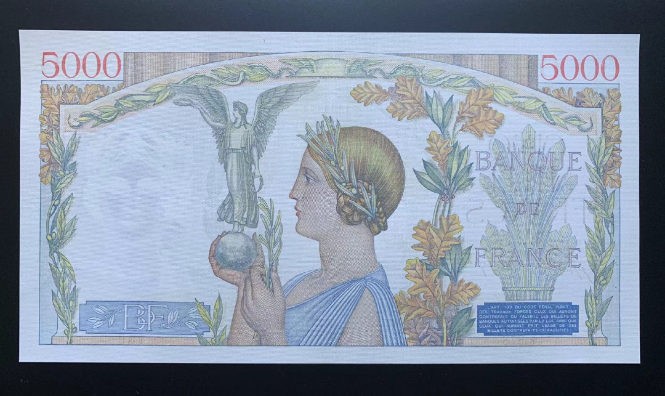 【Blue Auction】✨世界纸币精拍第301期——新纪元 法国 1942年5000法郎 胜利女神 UNC-有针孔 超大票幅
