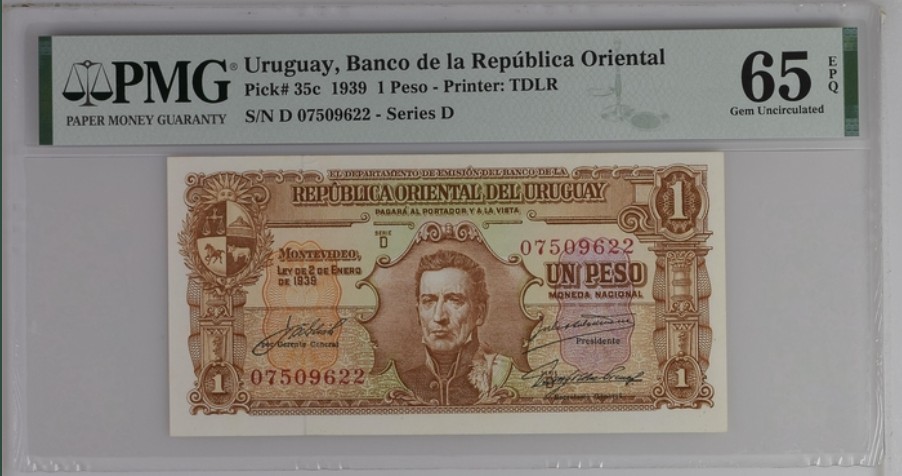 收藏联盟Quantum Auction 第240期拍卖 已更新 乌拉圭1939年1比索 PMG65 
