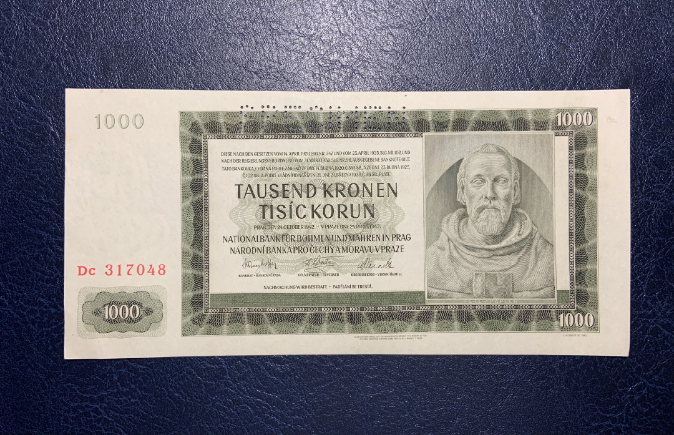 收藏联盟Quantum Auction 第239期拍卖 波西米亚和摩拉维亚1942年1000克朗样票 品相UNC- 查理大桥设计者 著名建筑设计师 彼德.帕德勒