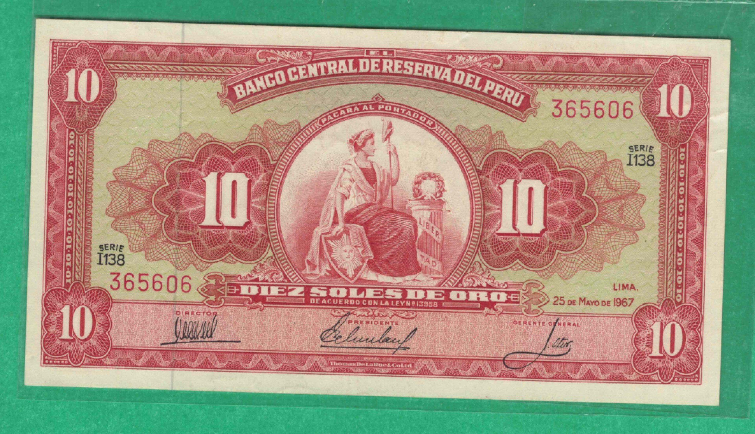 秘鲁10沙奥 1967年 P-84 I138序列 无47 美洲纸币 实物图 UNC