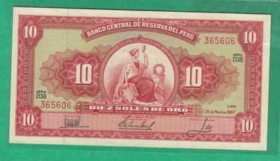 秘鲁10沙奥 1967年 P-84 I138序列 无47 美洲纸币 实物图 UNC - 秘鲁10沙奥 1967年 P-84 I138序列 无47 美洲纸币 实物图 UNC