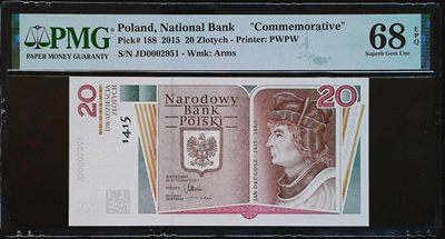 《家喻户晓》世界靓号纸钞第十四期 有更新 - 2015波兰德戈乌什纪念钞20兹罗提 无347千位号 PMG68 该钞发行量仅35000张 是波兰纪念钞中发行量最少的 这张也是波兰纪念钞中评级最难评的 68分真的很难得 