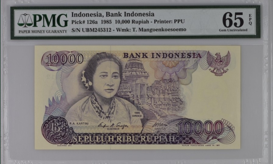 收藏联盟Quantum Auction 第240期拍卖 已更新 印度尼西亚1965年10000卢比 PMG65 印尼女权运动家 印尼妇女节开创者 卡蒂尼