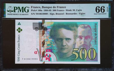 《家喻户晓》世界靓号纸钞第十四期 有更新 - 1994年法国末版500法郎 居里夫人 超级靓号倒置号狮子号9999尾 PMG66 这么长的数字能倒置号真的很不容易