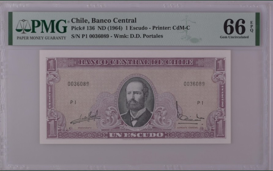 收藏联盟Quantum Auction 第240期拍卖 已更新 智利1964年1埃斯库多 PMG66 智利民族英雄 阿图罗.普拉特 