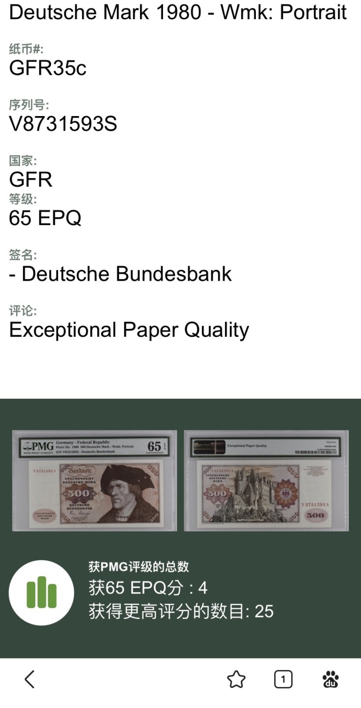 收藏联盟Quantum Auction 第239期拍卖 德国联邦1980年500马克 PMG65 大副 名画《无须男子》稀少年份 