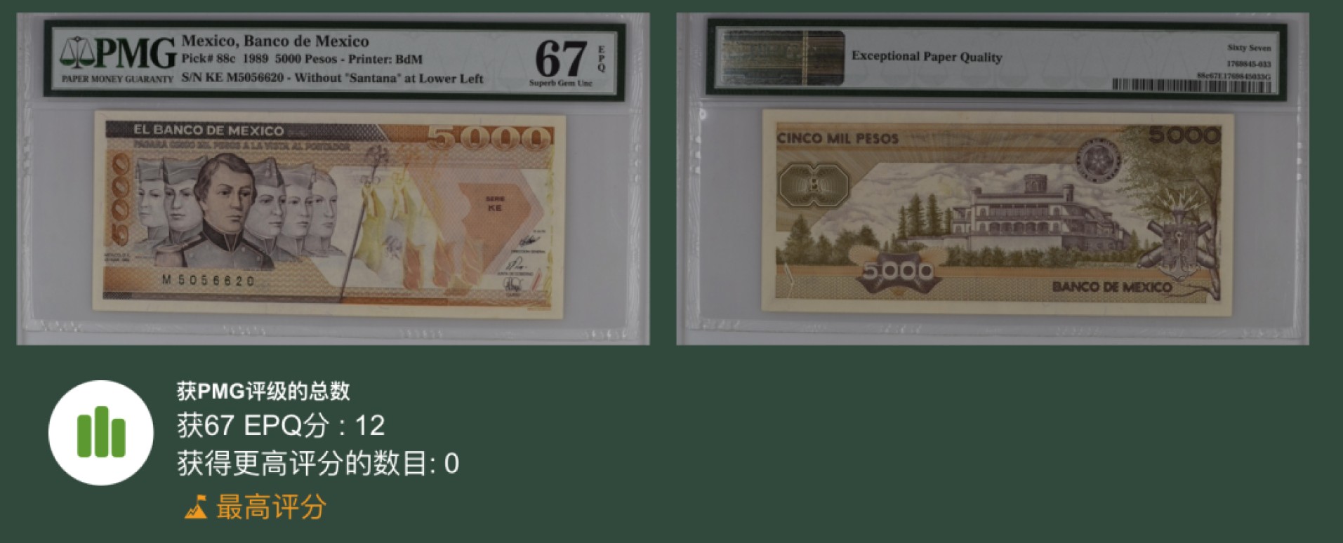 收藏联盟Quantum Auction 第240期拍卖 已更新 墨西哥1989年5000比索 PMG67 冠军分