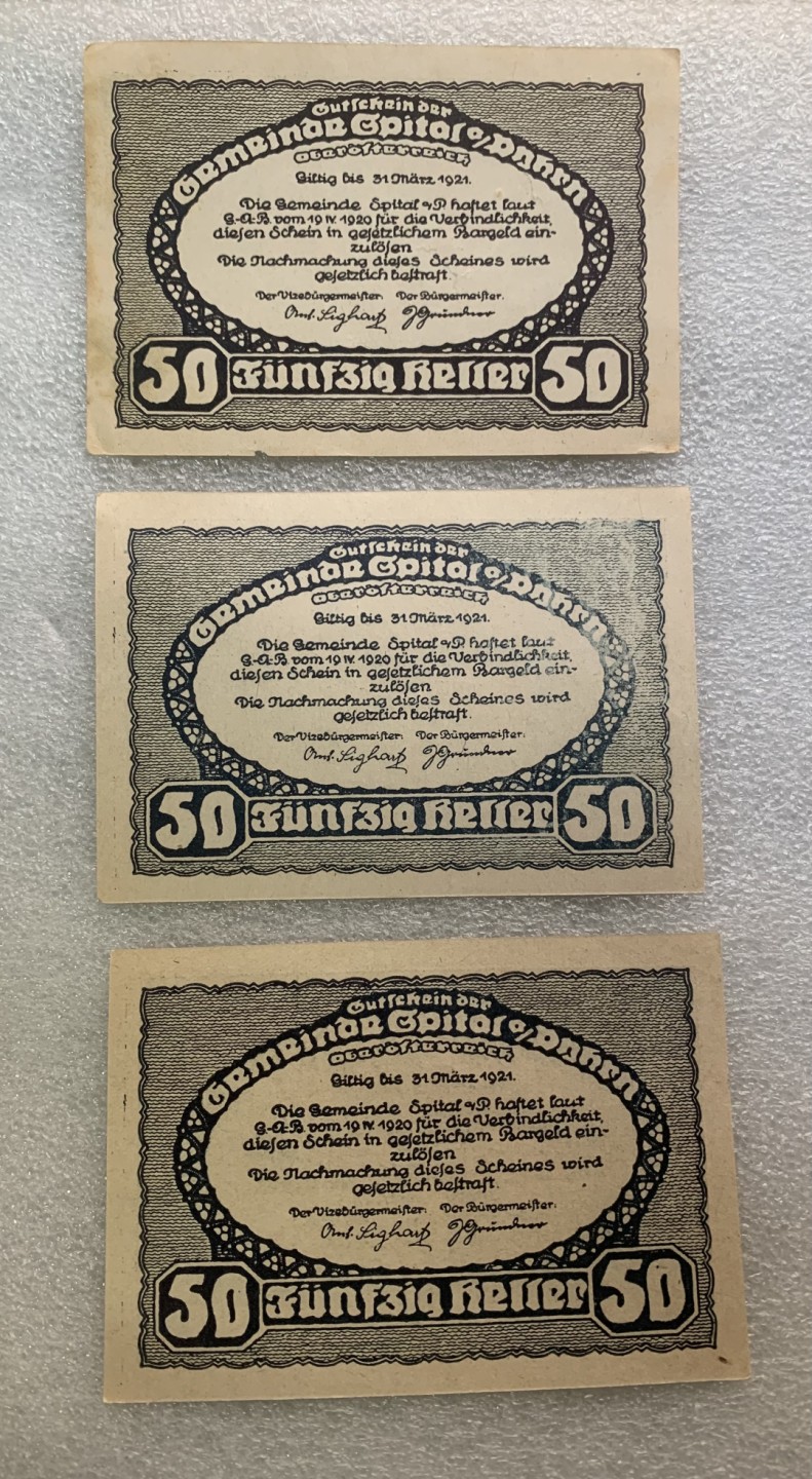 瓶子🏺纸币杂项拍卖会第1期 德紧奥地利地区1921年50赫勒纸币3张