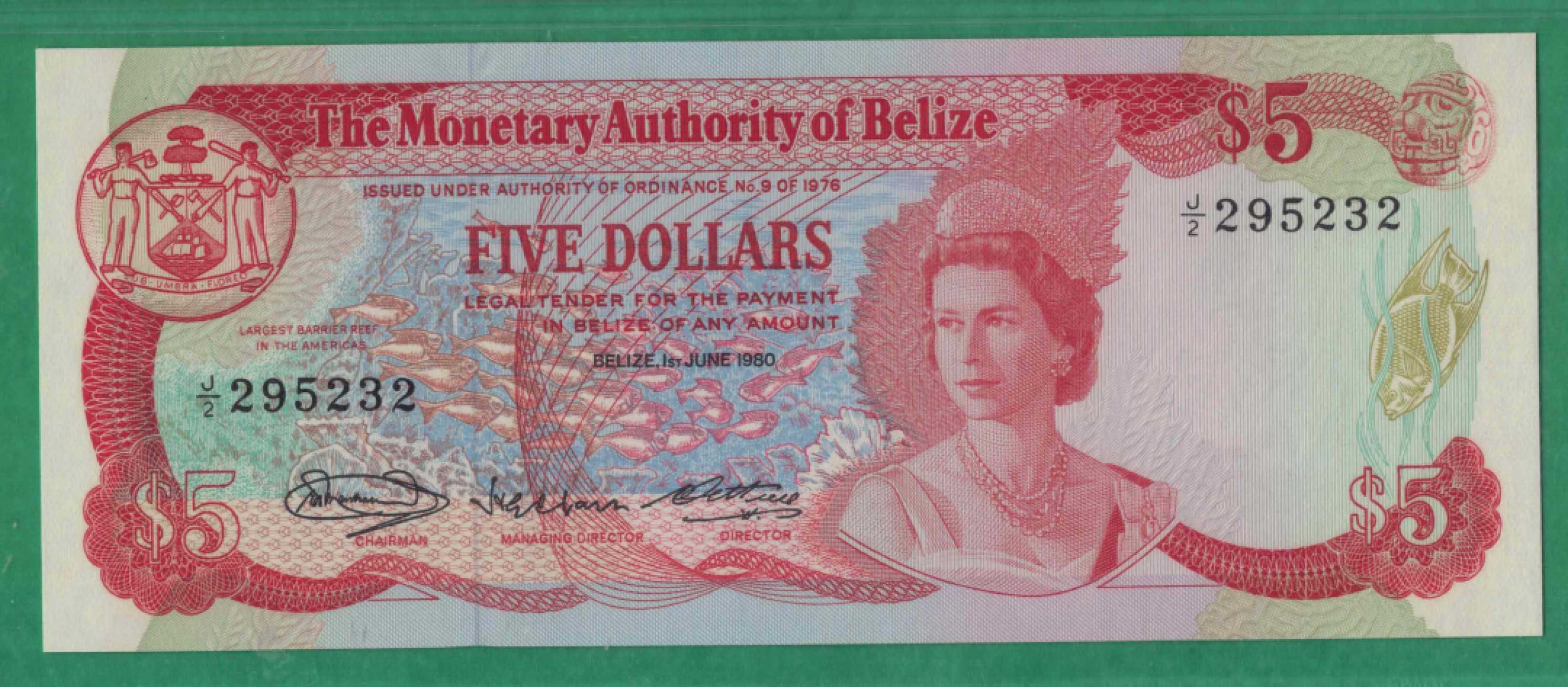 伯利兹5元 1980年 P-39a 无47 美洲纸币 实物图 UNC