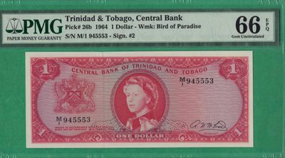 特立尼达和多巴哥1元 1964年 555豹子身 大洋洲币 实物如图 UNC - 特立尼达和多巴哥1元 1964年 555豹子身 大洋洲币 实物如图 UNC