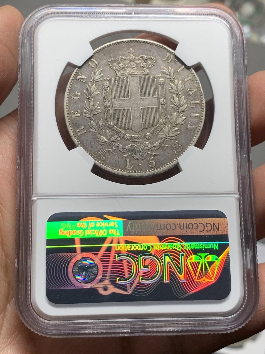 《竞宝斋》第143场-周日，周一 2场 (全场包邮) NGC-XF45 1872年意大利5里拉银币，原味包浆