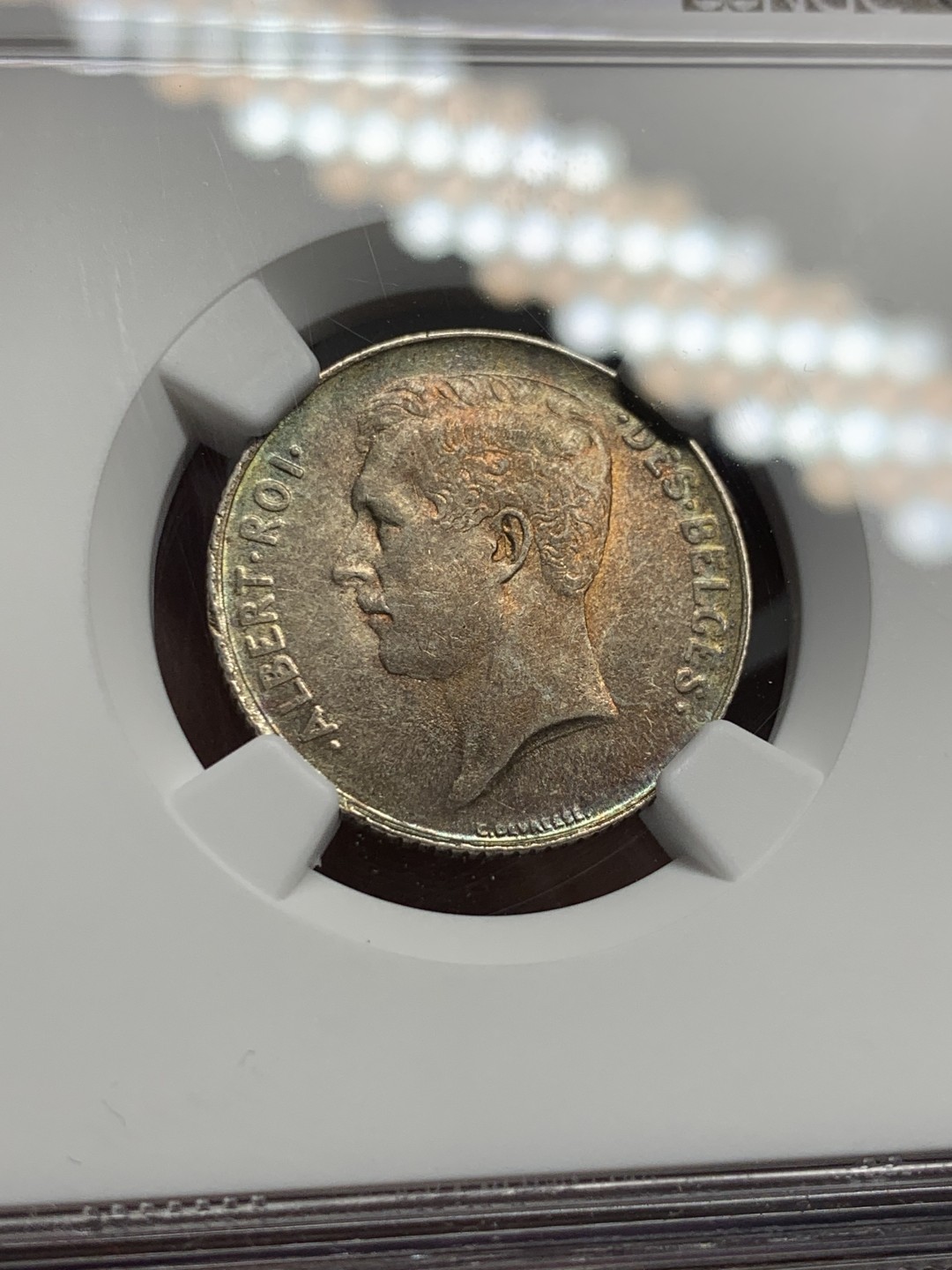 《竞宝斋》第143场-周日，周一 2场 (全场包邮) NGC-AU58 比利时1912年阿尔贝托国王 1法郎银币 五彩包浆非常漂亮