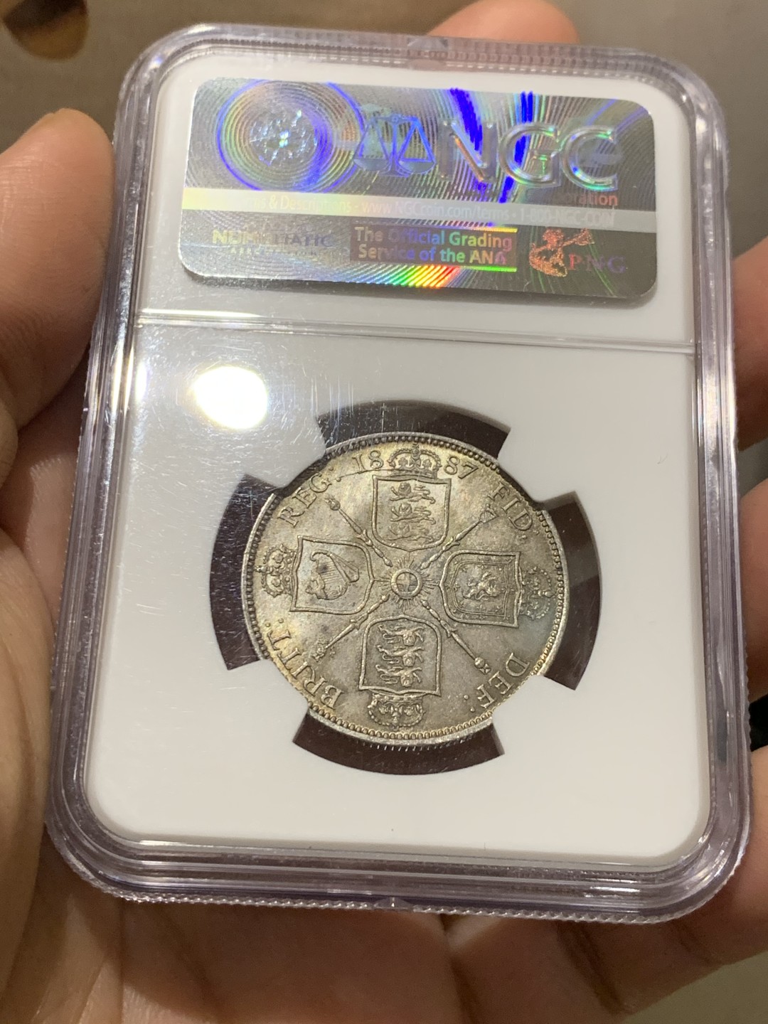 《竞宝斋》第143场-周日，周一 2场 (全场包邮) NGC-MS63 英国1887年1福林（2先令）银币，包浆漂亮