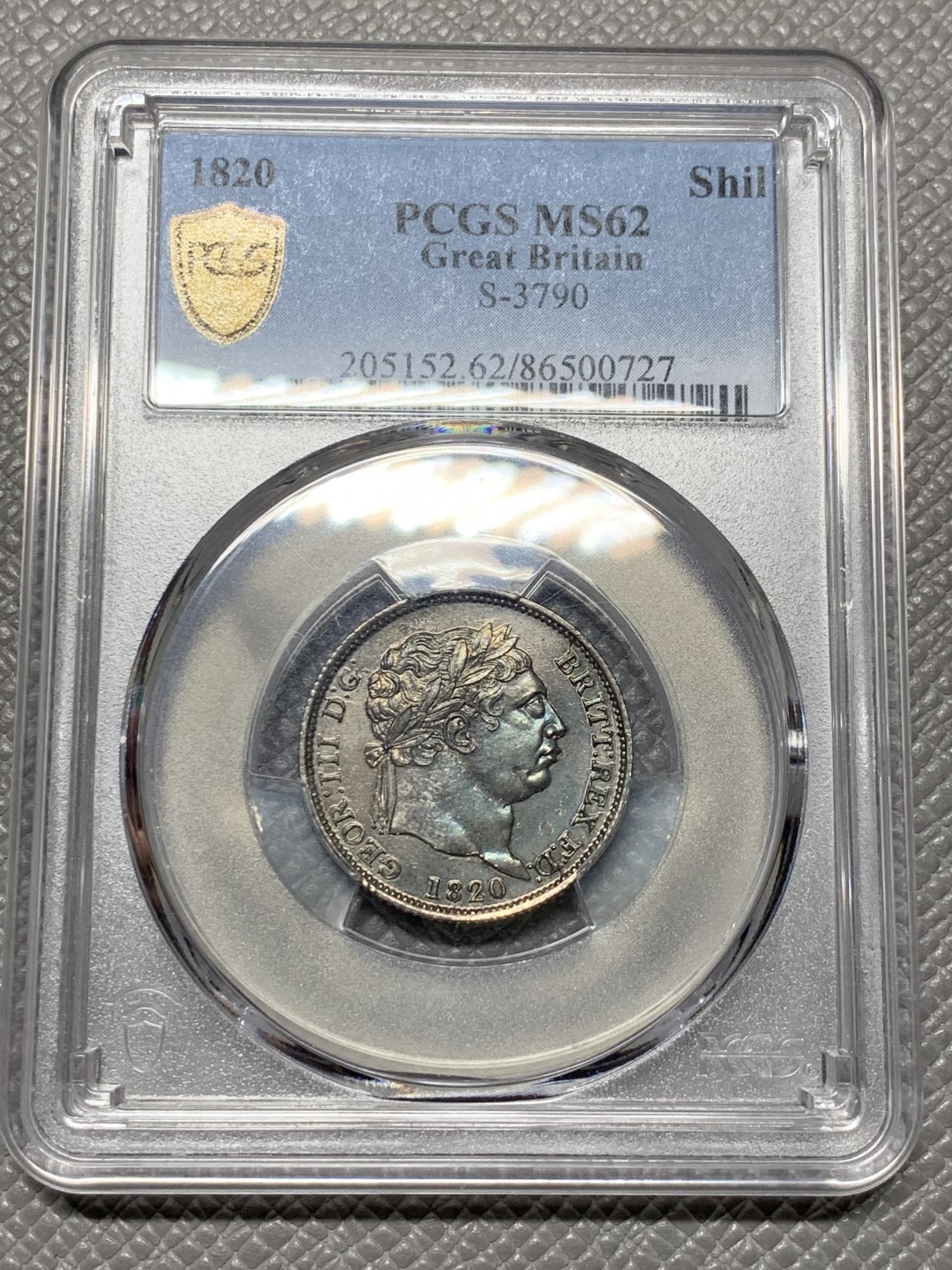 《竞宝斋》第143场-周日，周一 2场 (全场包邮) PCGS MS62 英国 1820年 乔治三世1先令银币 低评状态 典型欧洲包浆