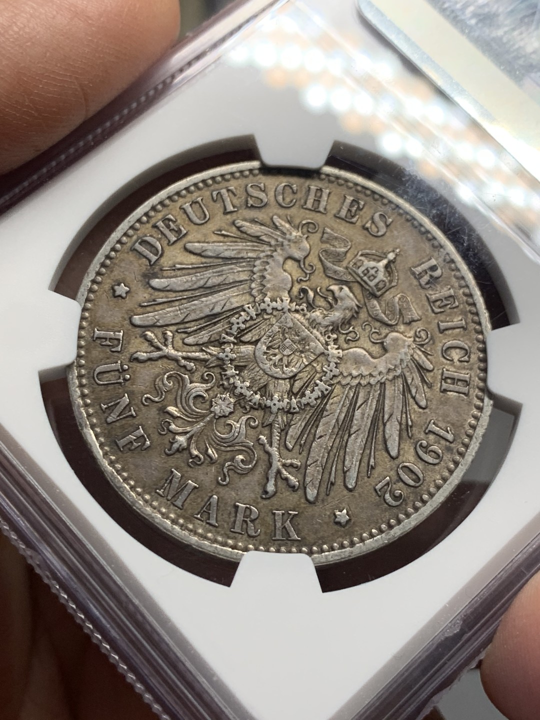 《竞宝斋》第143场-周日，周一 2场 (全场包邮) NGC-AU50 德国1902年 萨克森5马克大银币 传世黑包浆