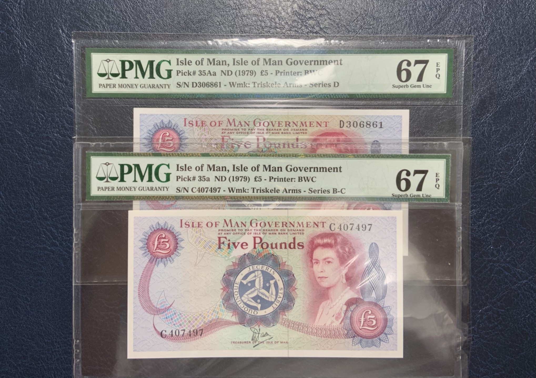 收藏联盟Quantum Auction 第238期拍卖 马恩岛1979年5镑 PMG67 不同版本一对